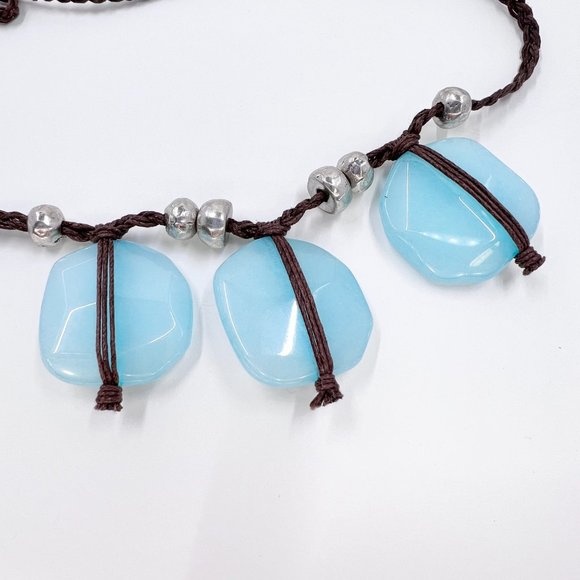 BOHO Vibes Baby Blue Dyed Quarts Braided Brown Cord 18” Necklace - Picture 6 of 7